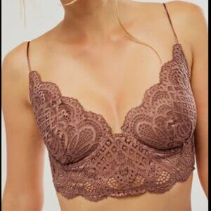 Free People All Yours Lace Long Line Underwire Bra, Hickory, Size Small